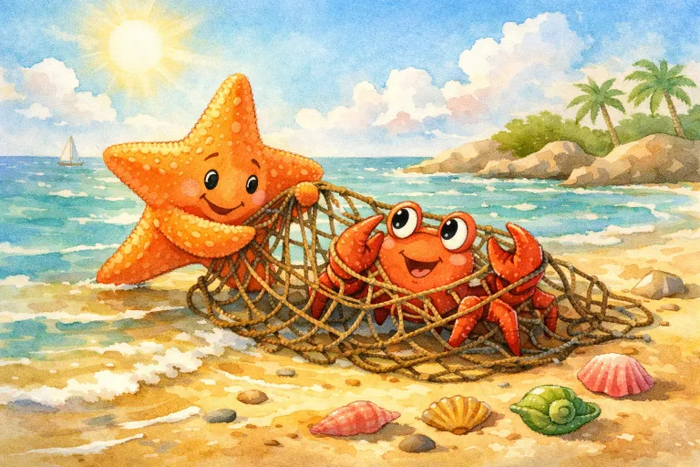 A starfish helping a crab free from a net on the beach, watercolor style, bright and cheerful, no text, no logo