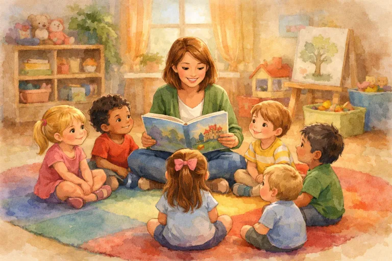A kindergarten teacher reading a story to a diverse group of children sitting in a circle on a colorful rug