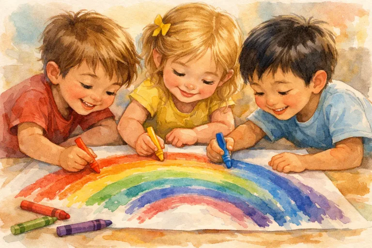 Children drawing a rainbow together using colorful crayons, working as a team