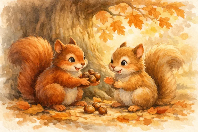 A friendly squirrel sharing acorns with another squirrel under an oak tree