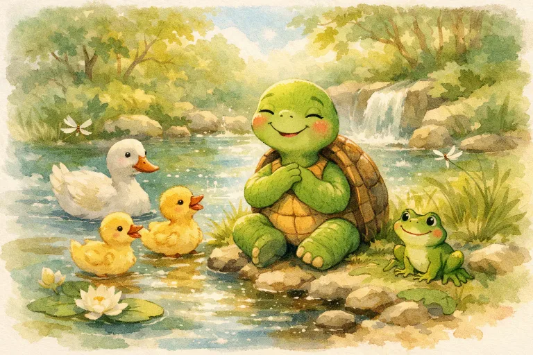A smiling turtle looking grateful beside a pond with animal friends nearby