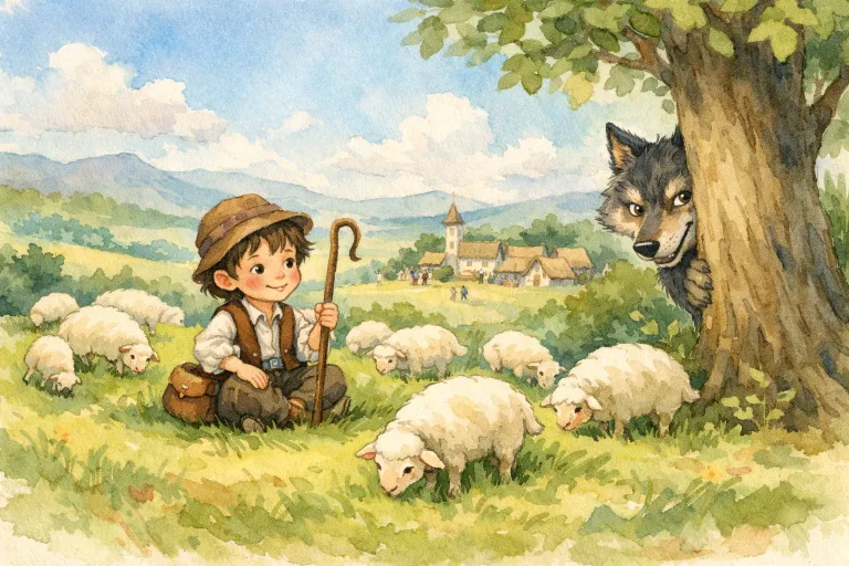 Young shepherd boy on a grassy hill, sheep grazing nearby, villagers in the distance, and a wolf hiding behind a tree.