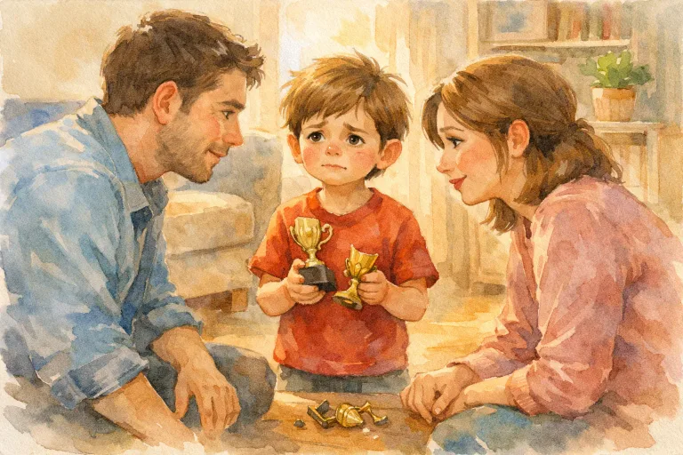 A child nervously telling their parents about a broken trophy, parents listening patiently and offering comfort.