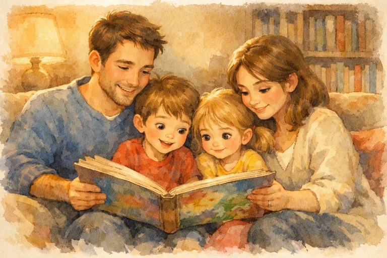 A warm family gathered together on a living room sofa, reading a storybook about honesty. The children listen closely as the parent reads, soft light shining through a window.