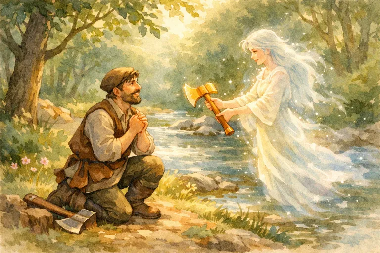 A humble woodcutter beside a river, an ethereal spirit offering him a golden axe, surrounded by gentle woodland scenery.
