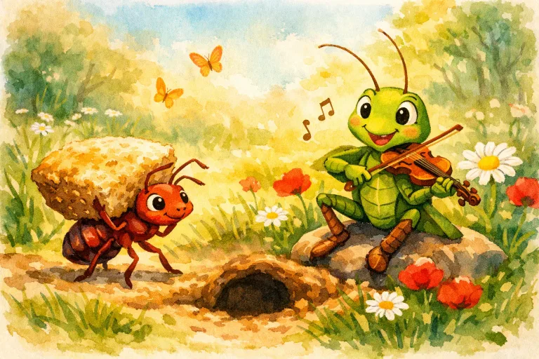 An ant working hard gathering food while a grasshopper plays music in a bright summer meadow