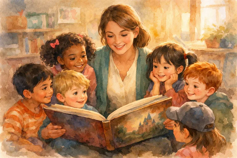 Children and teacher reading a storybook together in a warm, inviting ESL classroom