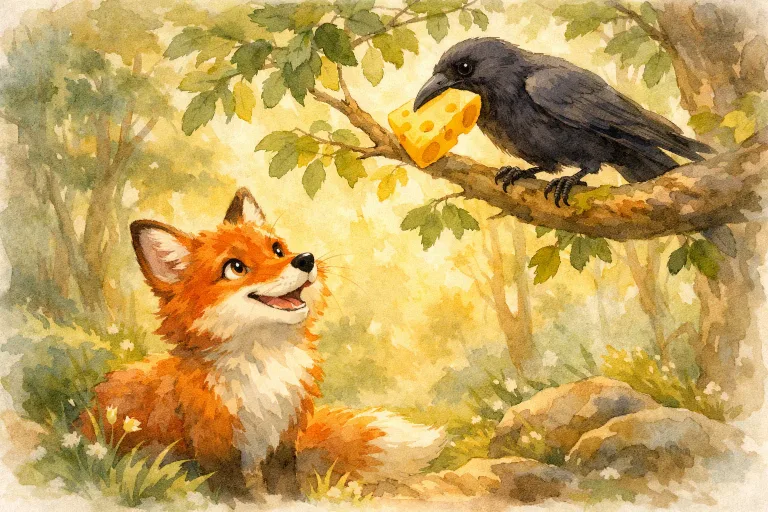 A clever fox looking up at a crow holding cheese on a tree branch in a sunlit forest