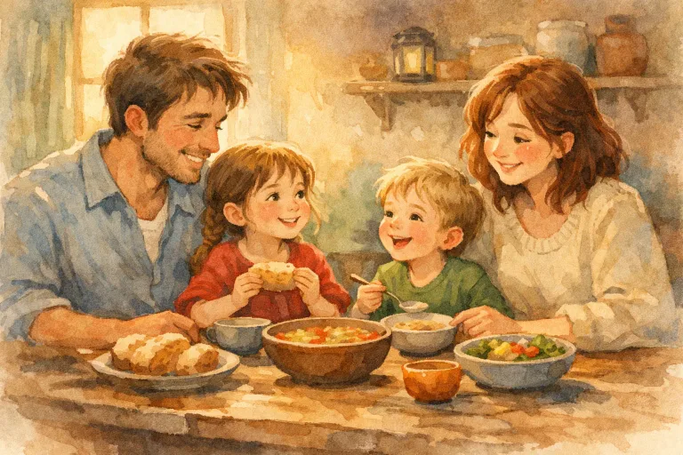 A happy family sharing a simple meal together in a cozy home, with smiles and warm lighting