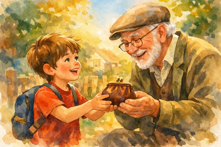 A boy returning a lost purse to an elder