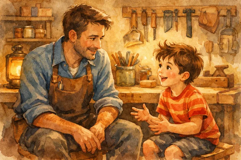 A boy confessing to his father about a broken tool