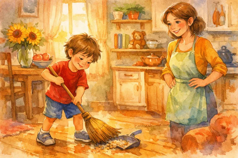 A young boy helping his mother in household chores