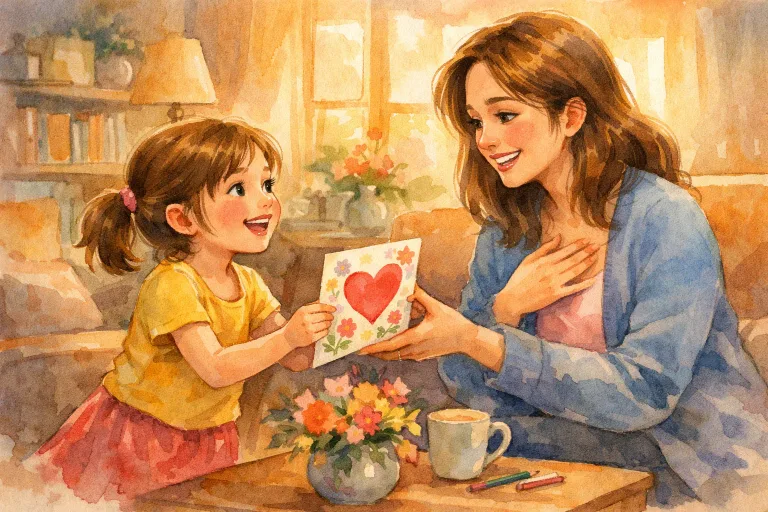A girl giving a thank you card to her mother