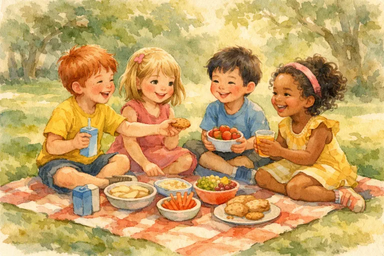 Children at a sunny picnic sharing snacks and laughing