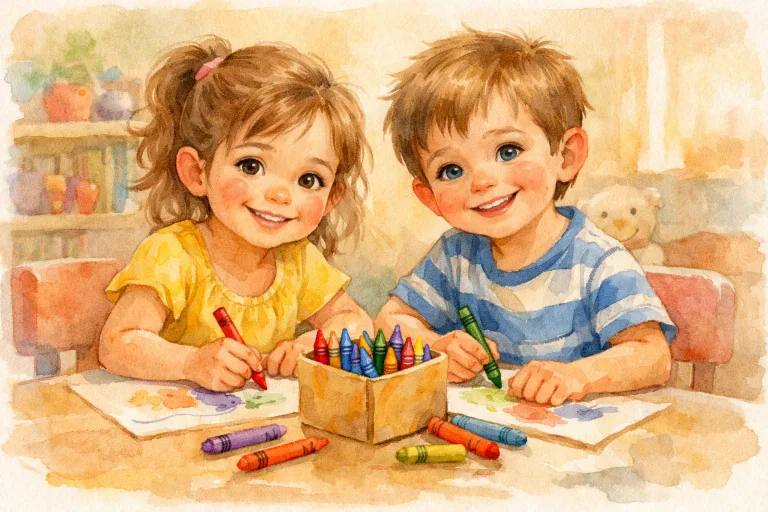 A girl and boy smiling and drawing together while sharing crayons