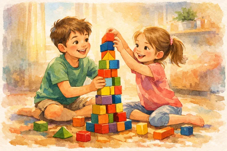 Brother and sister working together to build a tall block tower