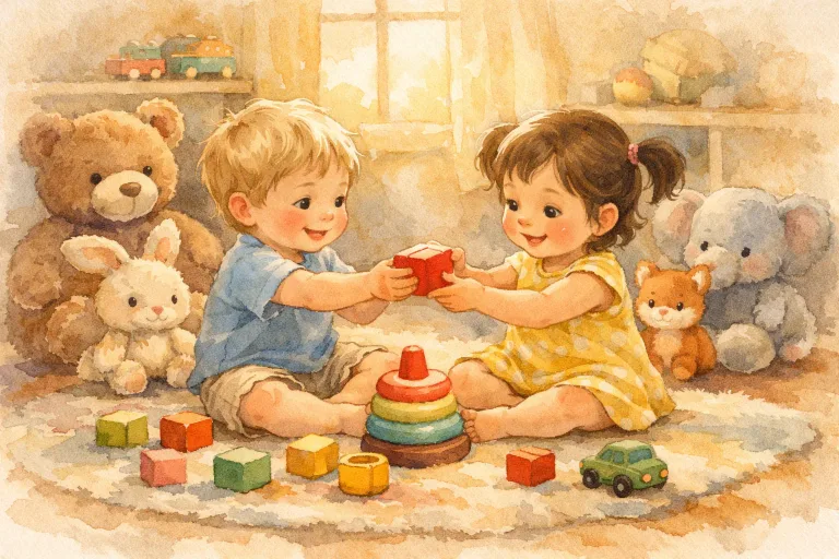 Two toddlers smiling and sharing colorful toys on a sunny playroom floor