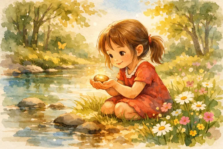 A curious girl discovers a sparkling pebble beside a gentle river, surrounded by lush nature