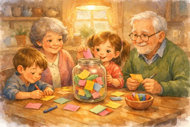 Smiling children and grandparents slip colorful notes into a large gratitude jar at home