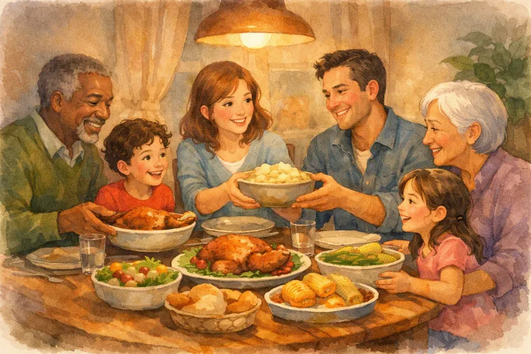 A diverse family gathered around a cozy dinner table, sharing smiles and expressions of gratitude