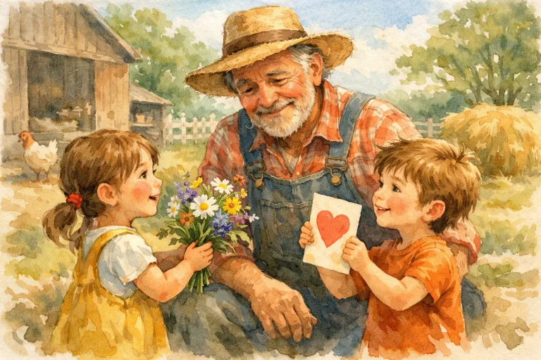A humble farmer smiles as children hand him a bouquet of wildflowers and a handmade thank-you card