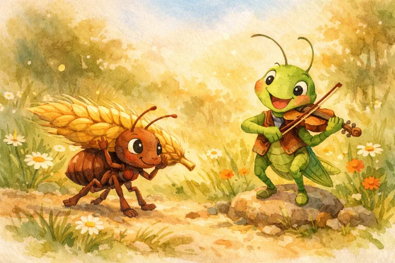 A gentle watercolor scene of an ant carrying a grain of wheat and a grasshopper playing a fiddle in a sunny meadow, highlighting the theme of saving for the future.