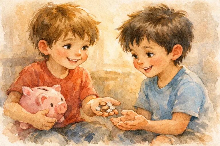 A warm watercolor image of a boy happily handing coins from his piggy bank to a friend in need, both children smiling, capturing the joy of generosity.