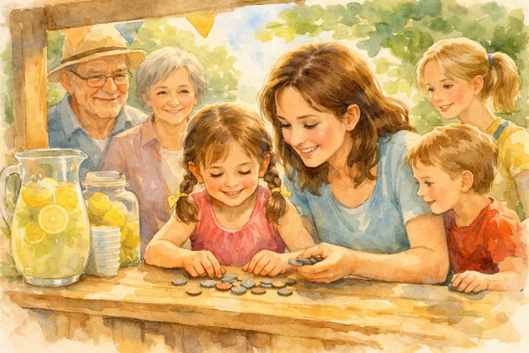 Watercolor illustration of a young girl running a lemonade stand, smiling as she counts coins with her mother, representing working and saving towards a goal.