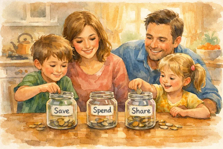 A warm watercolor illustration of a family gathered around a table with three labeled jars: Save, Spend, and Share. Two children are excitedly placing coins into their jars while parents smile supportively.