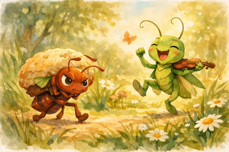 A young ant carrying food while a carefree grasshopper plays in a sunlit meadow