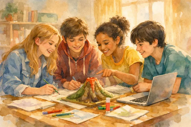 Teens collaborating on a school project, helping each other in a friendly, sunlit classroom.