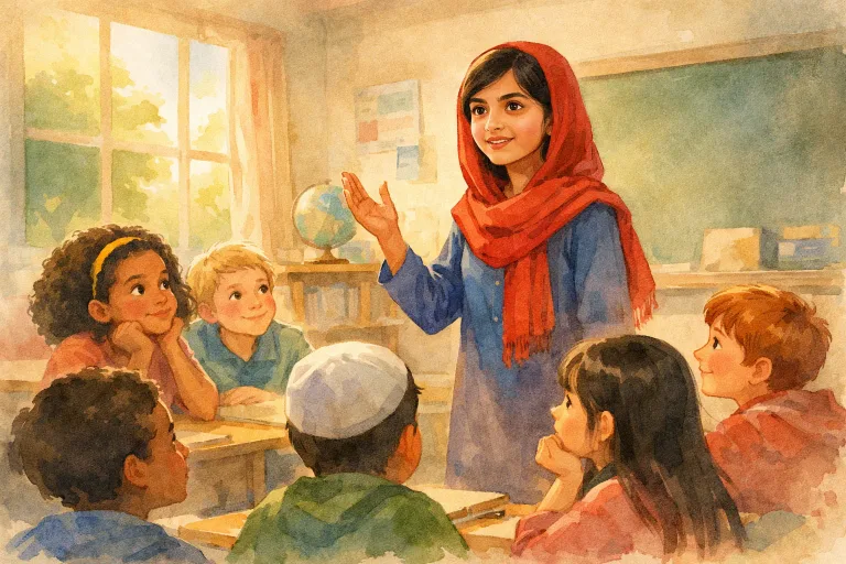 A determined teenage girl, inspired by Malala, speaking to a classroom of students with books in hand
