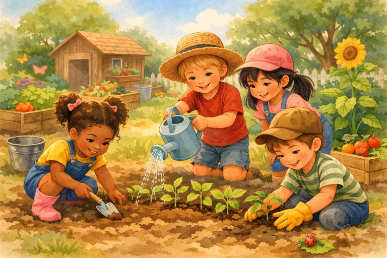 Children planting and caring for a community garden