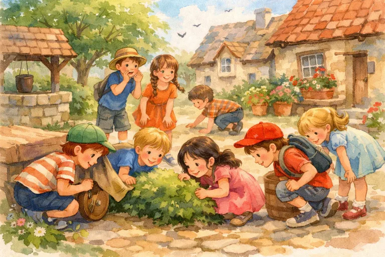 Children searching for a lost puppy in the village