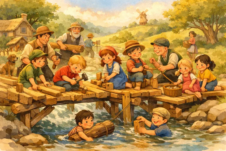 Children and villagers building a bridge across a river with teamwork