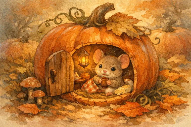 A tiny pumpkin shelters a small mouse from the cold in a cozy autumn pumpkin patch