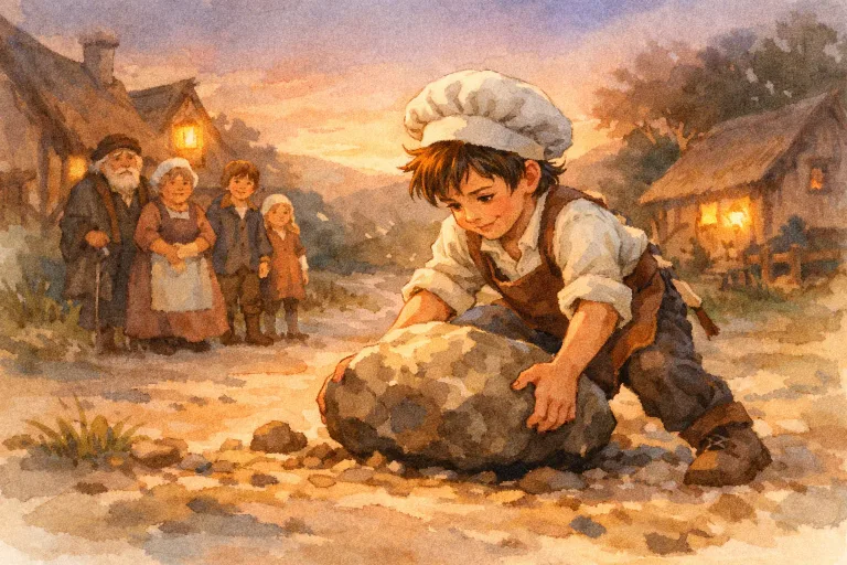 A young baker's apprentice moving a heavy stone from a village road, onlookers in the distance