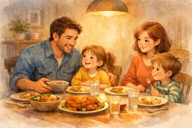 A family gathered around a dinner table, one chair previously empty now filled as a father joins