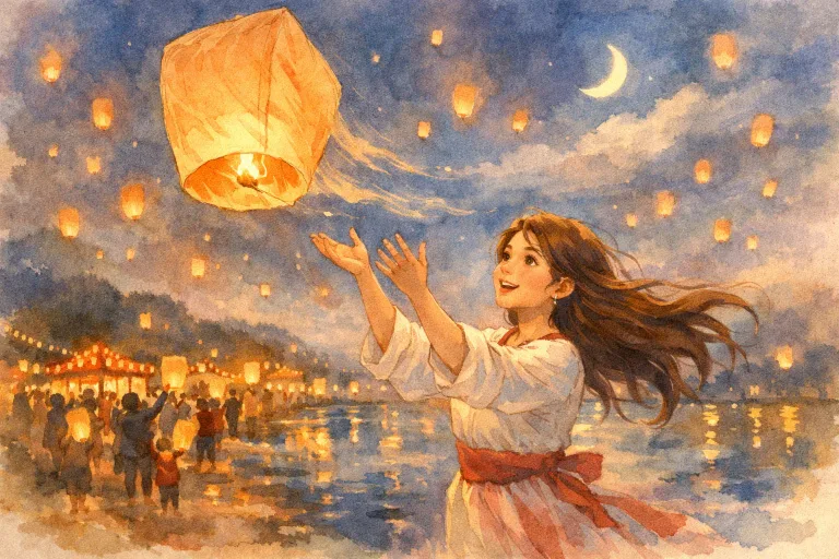 A woman releasing a lantern at night, the wind carrying it unexpectedly through the sky