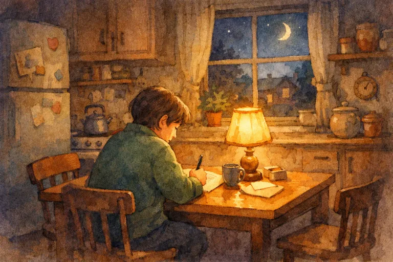 An adult sitting alone at a table at night, writing a letter in the soft glow of a lamp