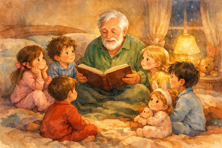 Children in pajamas gathered around an elder, listening to a bedtime story
