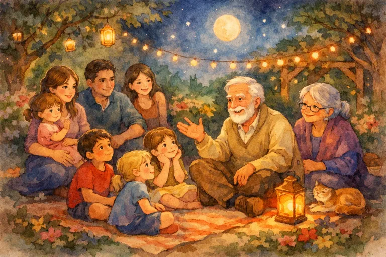 Extended family gathered outdoors in a garden, listening to a story under the stars