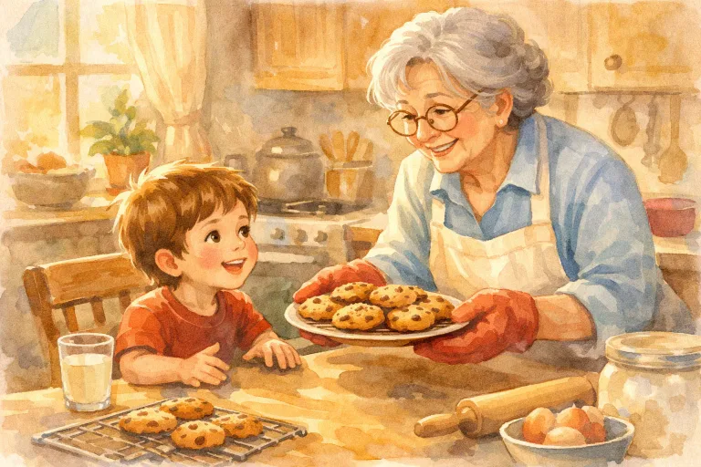 Grandmother offering fresh cookies to her grandchild in a sunlit kitchen
