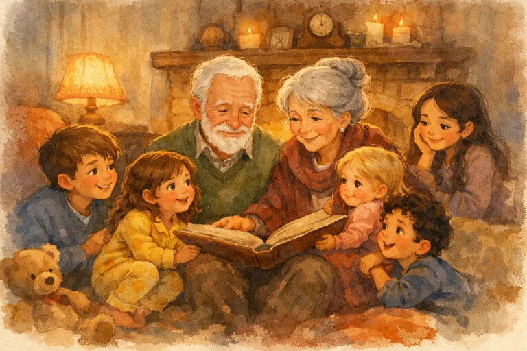 Grandparents sitting in a cozy living room, telling stories to attentive grandchildren