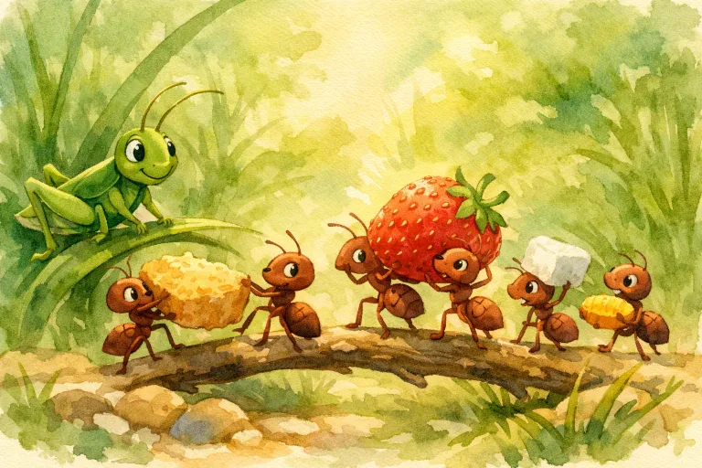 Ants carrying food together in a lush green field