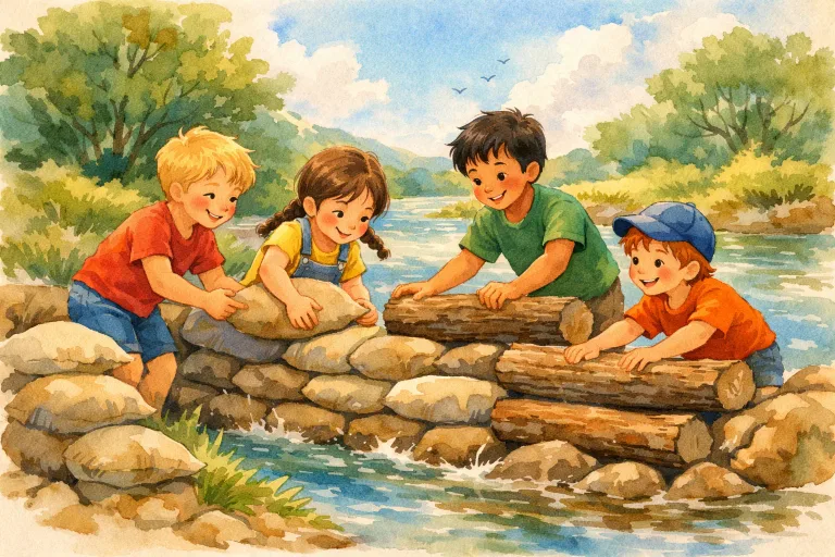 Children working together to build a barrier near a rising river