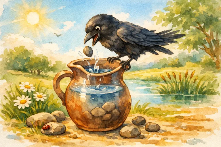 Clever crow dropping stones into a pitcher to reach water