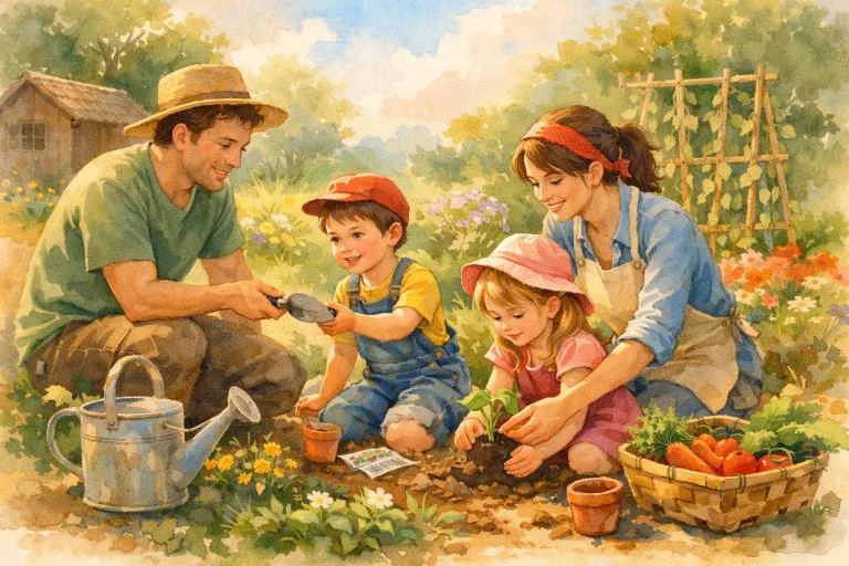 Family working together in a lush garden, sharing tools
