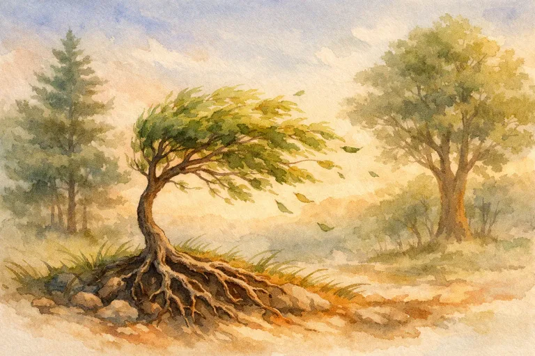 Small tree bending in the wind with neighboring trees