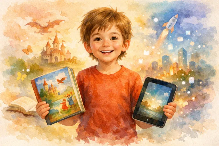 Child holding a storybook in one hand and a tablet in the other